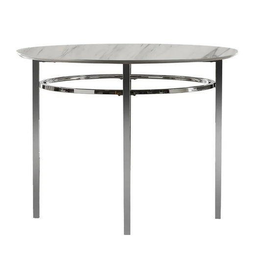 Benzara Contemporary Round Dining Table with Faux Marble Top, White and Chrome BM230032