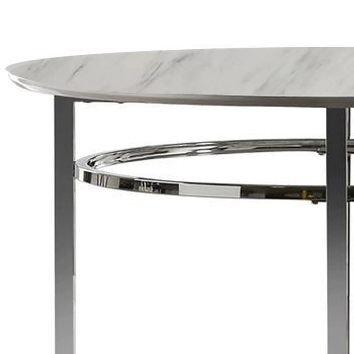 Benzara Contemporary Round Dining Table with Faux Marble Top, White and Chrome BM230032