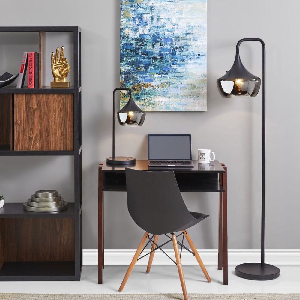 64" Black Task Floor Lamp With Black Glass Bowl Shade