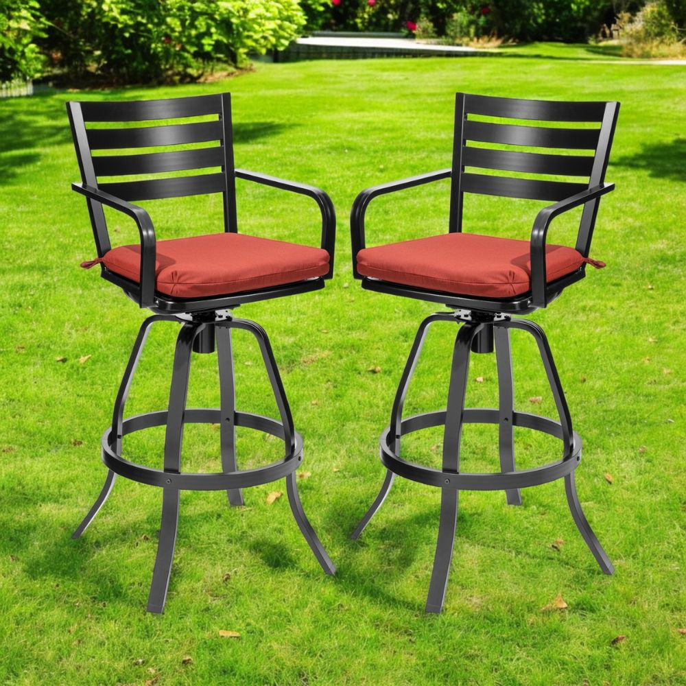 Set of Two 30" Black and Red Aluminum Swivel Outdoor Bar Height Chairs