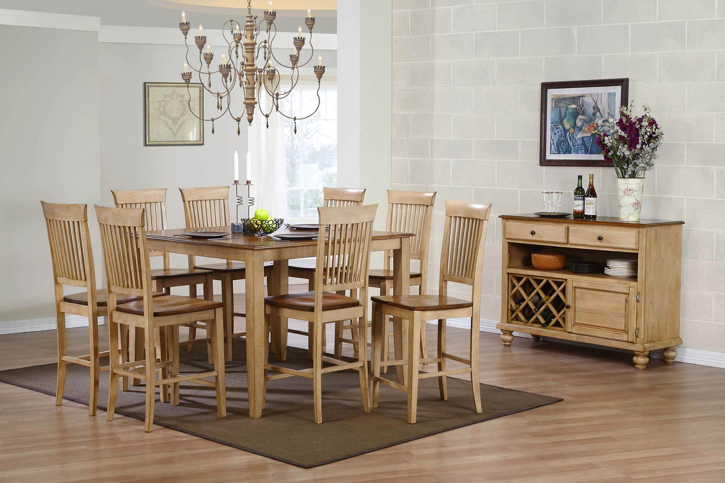 Sunset Trading Brook 10 Piece 48" Square Pub Set with Fancy Slat Stools | Counter Height Dining Table | Server | Seats 8 DLU-BR4848CB-B70-SRPW10PC