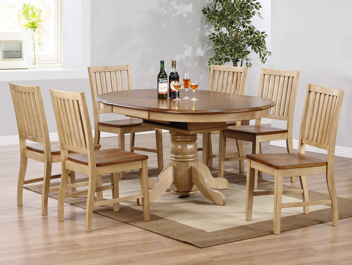 Sunset Trading Brook 7 Piece 42" Round or 60" Oval Extendable Dining Set | Butterfly Leaf Table | Slat Back Chairs | Seats 6 DLU-BR4260-C60-PW7PC