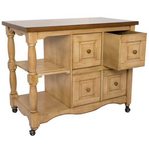 Sunset Trading Brook Kitchen Cart | Four Drawers | Open Shelves | Wheat and Pecan Brown DCY-CRT-03-PW