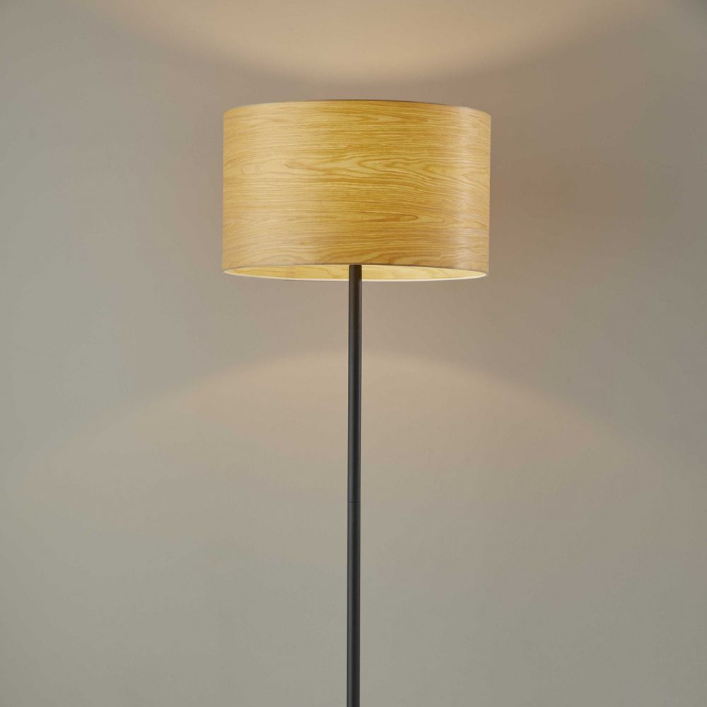 60" Brown And Black Floor Lamp With Brown Veneer Drum Shade