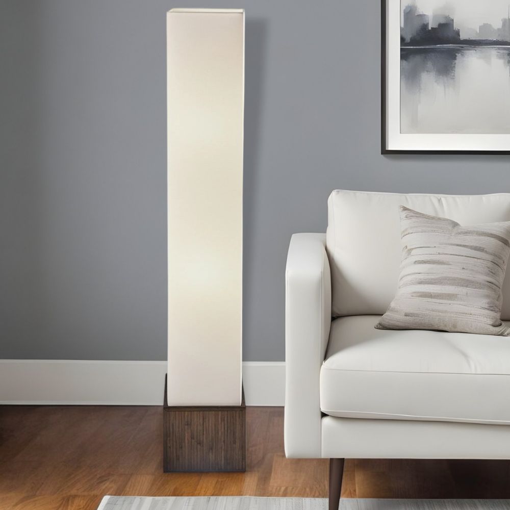 50" Brown And White Rattan Two Light Column Floor Lamp With White Fabric Shade
