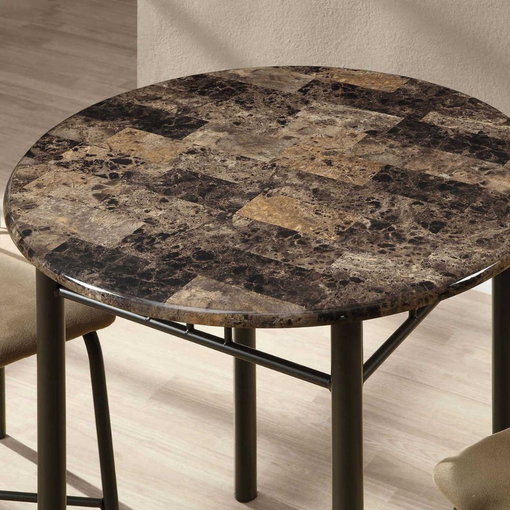 table Brown Marble Look 30" Round Table and 2 Cushioned Chairs Dining Table Set goldstardining.com