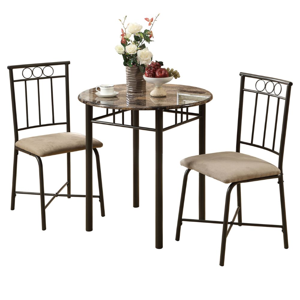 Brown Marble Look 30" Round Table and 2 Cushioned Chairs Dining Table Set goldstardining.com