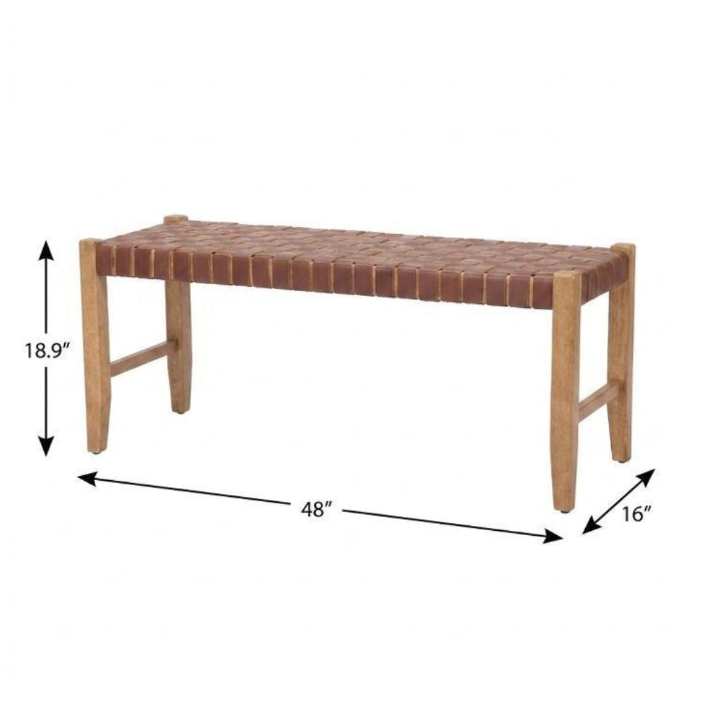 48" Tan/Brown and Natural Genuine Leather and Solid Wood Upholstered Dining Bench
