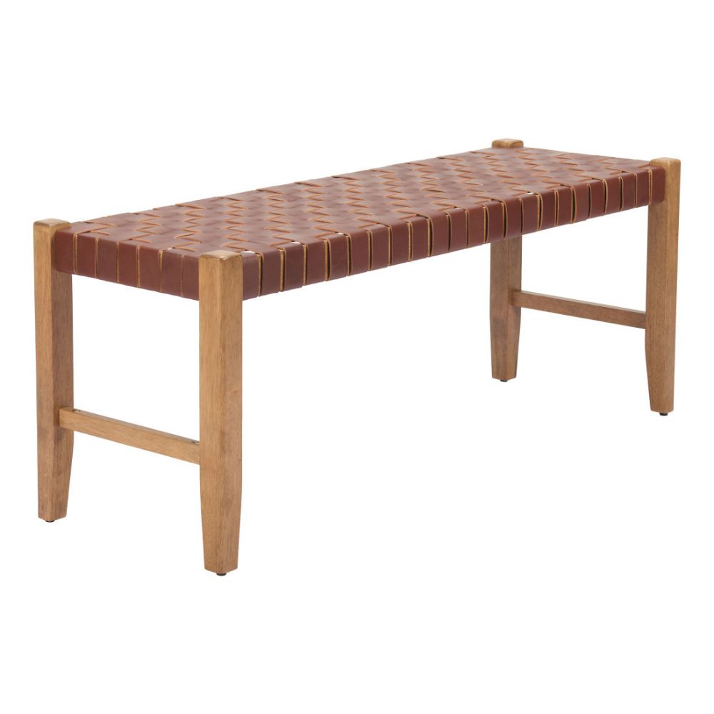 48" Tan/Brown and Natural Genuine Leather and Solid Wood Upholstered Dining Bench