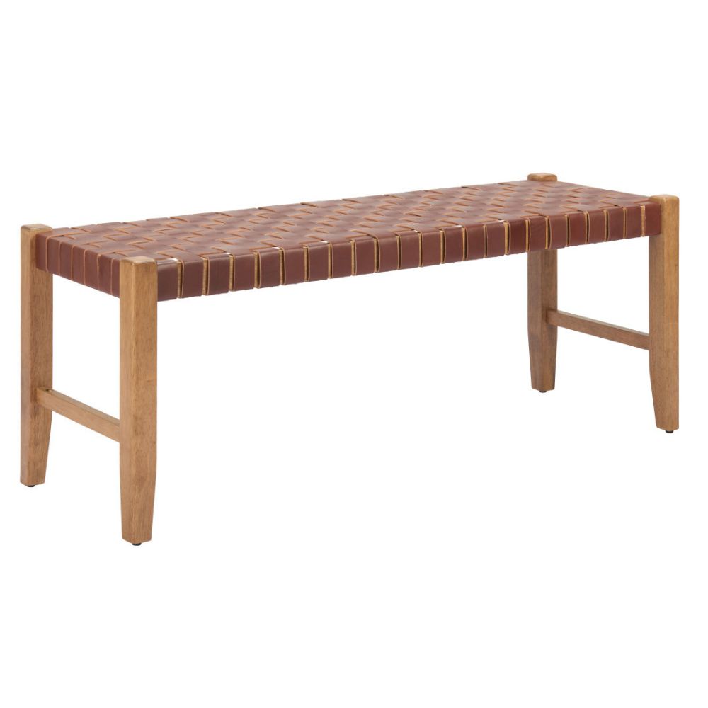 48" Tan/Brown and Natural Genuine Leather and Solid Wood Upholstered Dining Bench