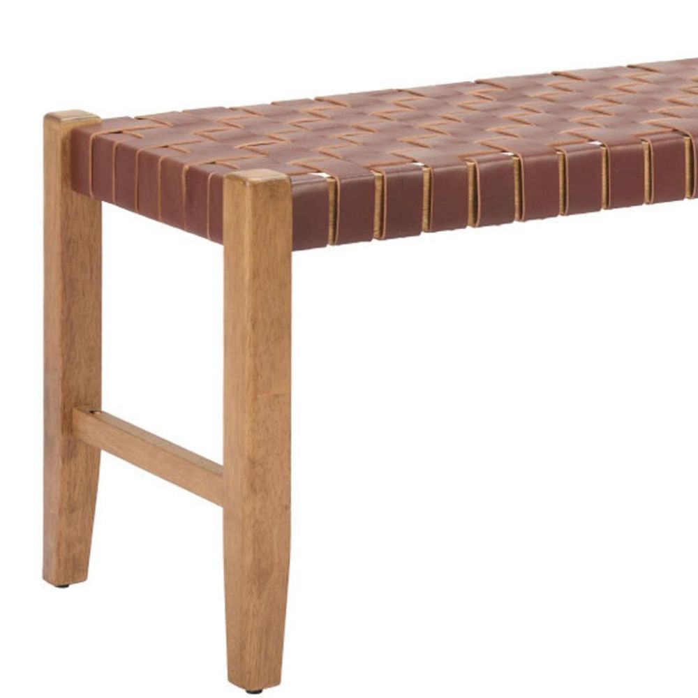 48" Tan/Brown and Natural Genuine Leather and Solid Wood Upholstered Dining Bench