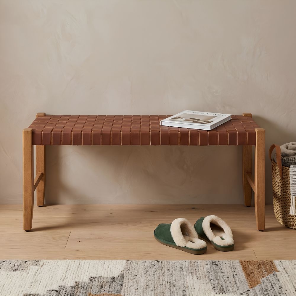 48" Tan/Brown and Natural Genuine Leather and Solid Wood Upholstered Dining Bench