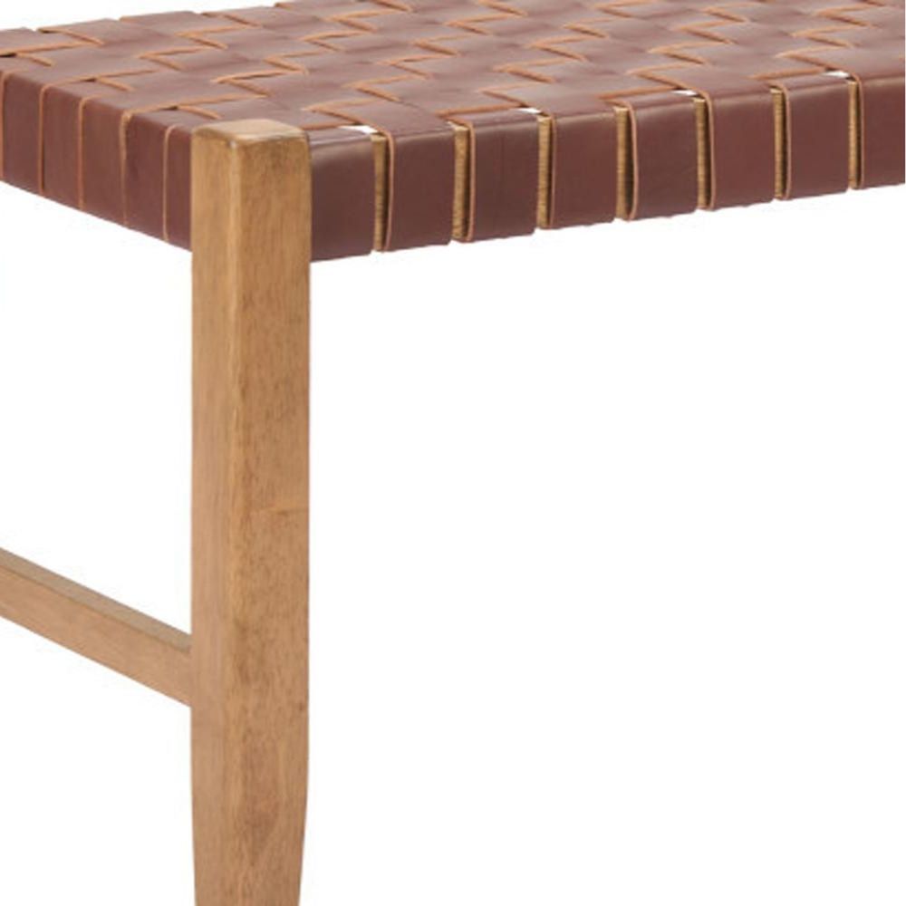 48" Tan/Brown and Natural Genuine Leather and Solid Wood Upholstered Dining Bench