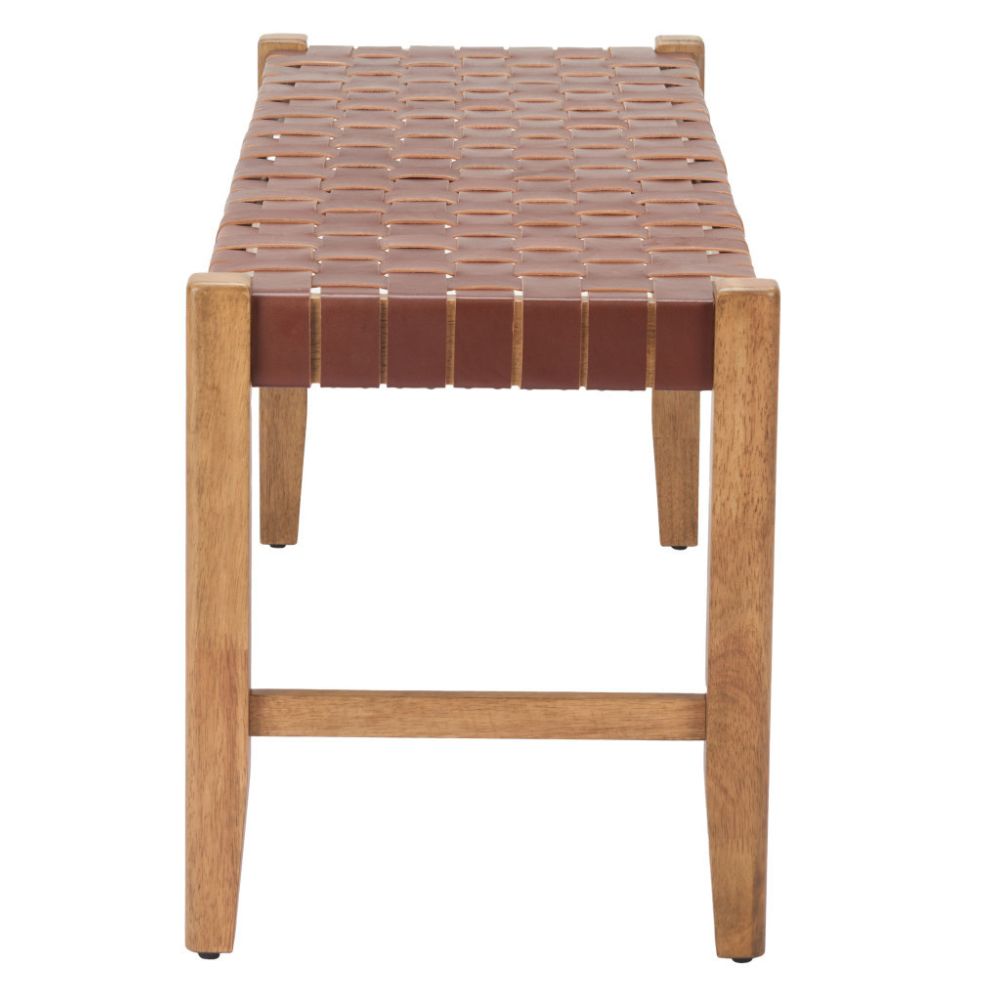 48" Tan/Brown and Natural Genuine Leather and Solid Wood Upholstered Dining Bench