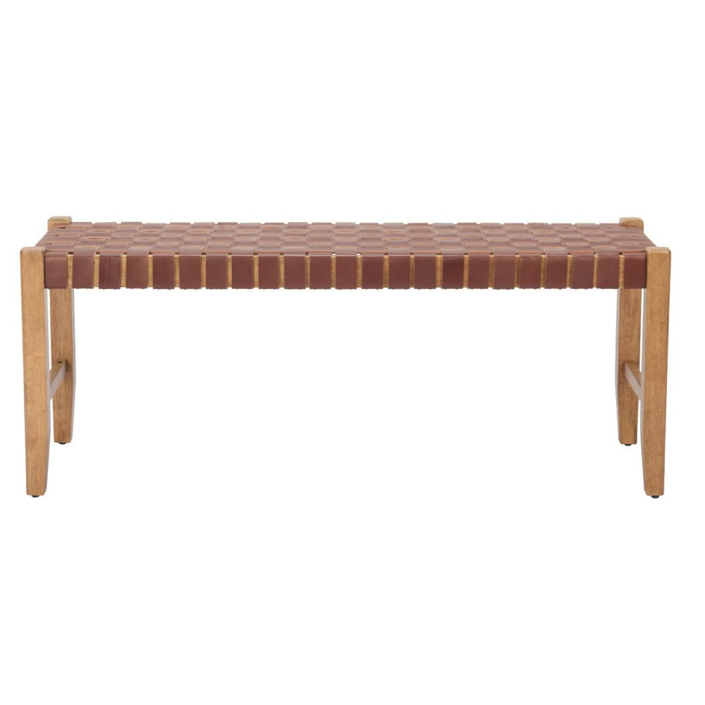 48" Tan/Brown and Natural Genuine Leather and Solid Wood Upholstered Dining Bench