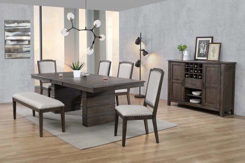 Sunset Trading Cali 7 Piece 96" Rectangular Extendable Dining Table Set | Brown Solid Wood | 4 Upholstered Chairs and Bench with Nailheads | Sideboard Server | Seats 8 DLU-CA113-4C-BNSR7PC