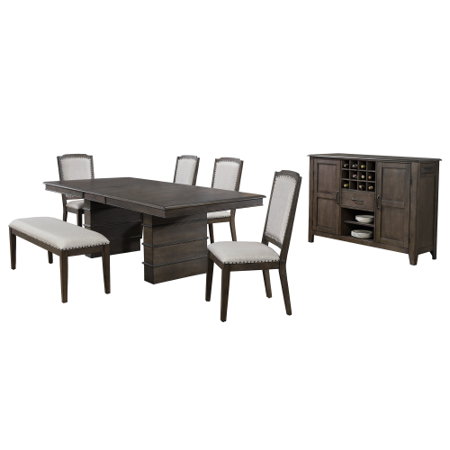 Sunset Trading Cali 7 Piece 96" Rectangular Extendable Dining Table Set | Brown Solid Wood | 4 Upholstered Chairs and Bench with Nailheads | Sideboard Server | Seats 8 DLU-CA113-4C-BNSR7PC