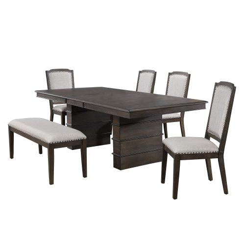 Sunset Trading Cali 6 Piece 96" Rectangular Extendable Dining Table Set | Brown Solid Wood | 4 Upholstered Chairs and Bench with Nailheads | Seats 8 DLU-CA113-4C-BN6PC