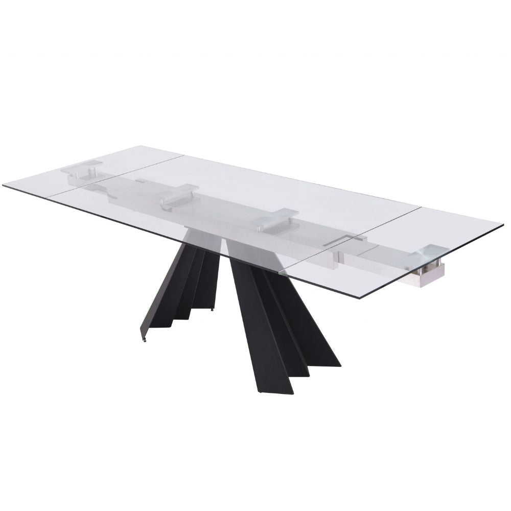 inclined angled Chicago Glass Top Extendable Dining Table, goldstardining.com