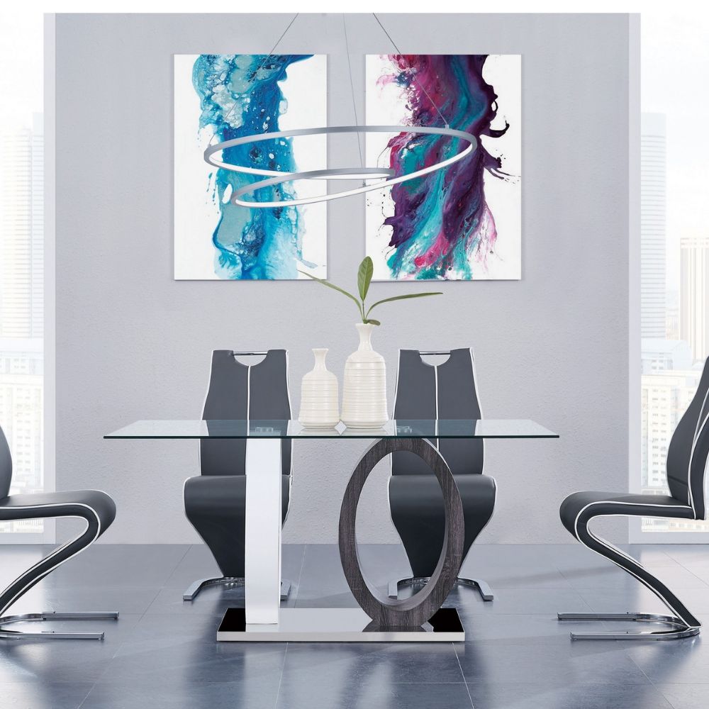 Gray and White Glass And Metal Double Pedestal Base Dining Table 63"