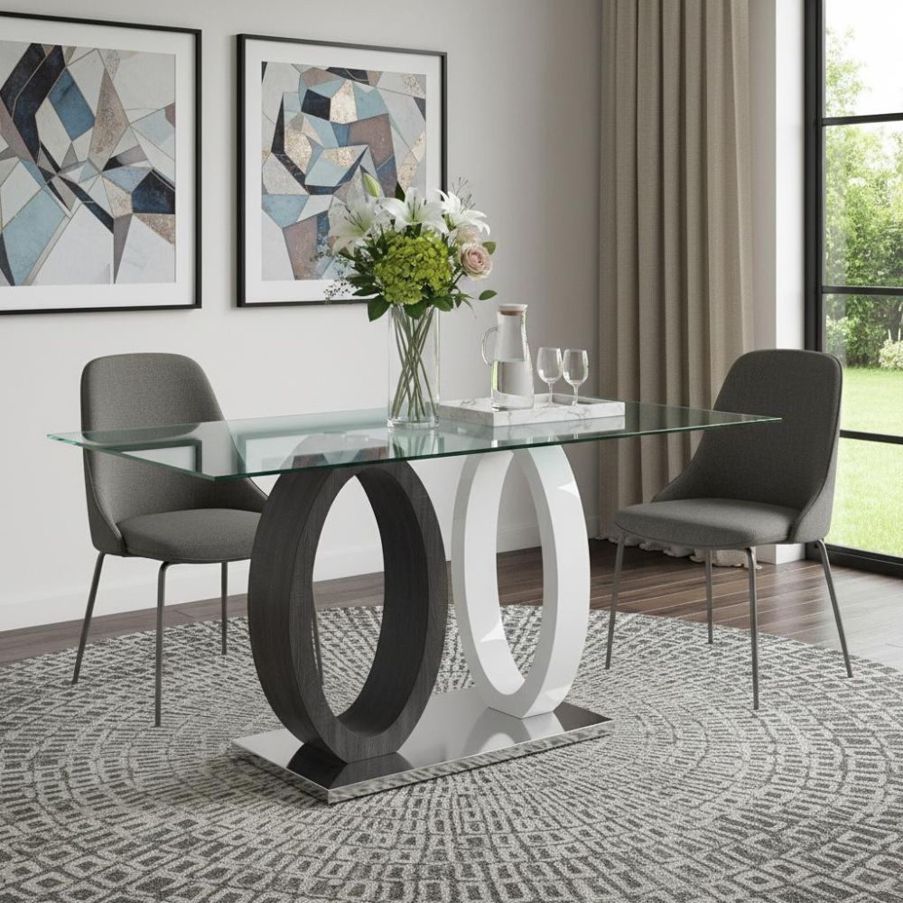 Gray and White Glass And Metal Double Pedestal Base Dining Table 63"