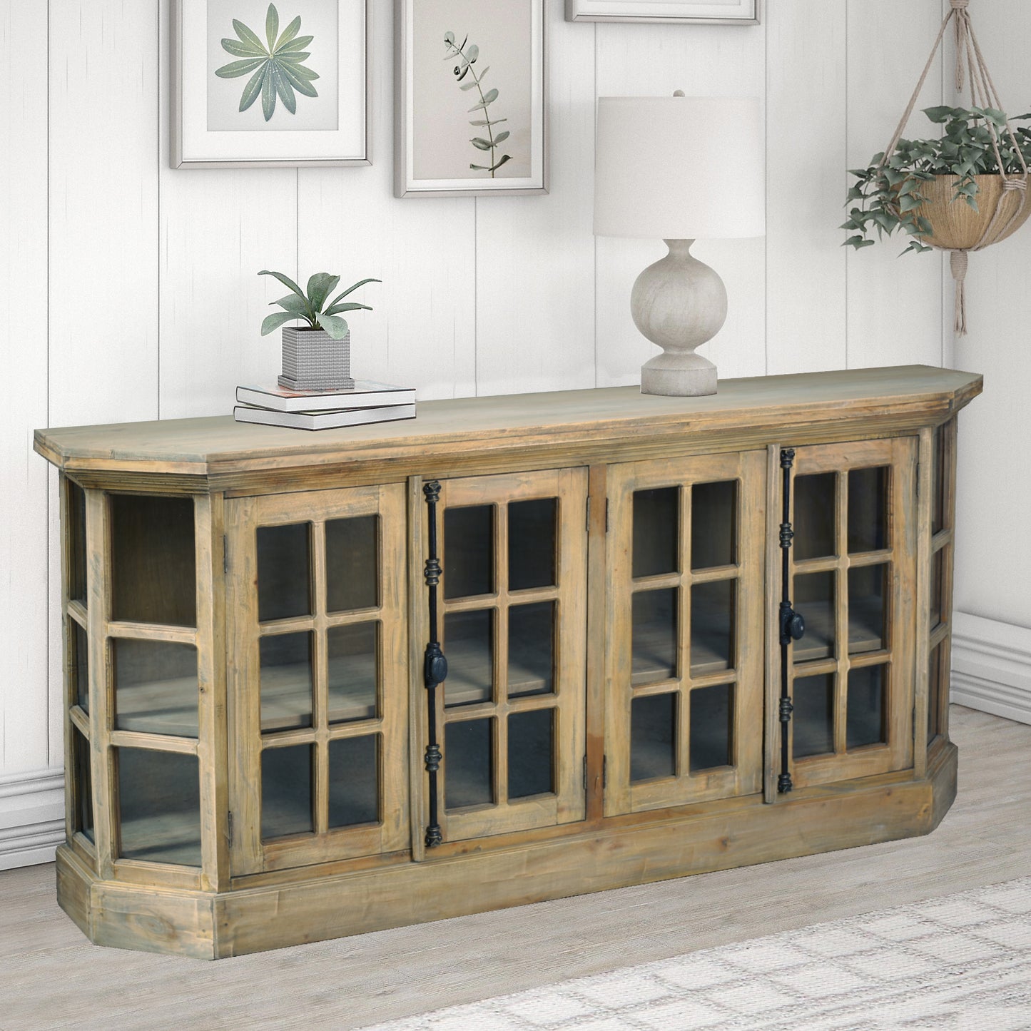 Sunset Trading Cottage 77" Window Pane Glass Door Display Credenza | Driftwood Brown Solid Wood | Dining Buffet Entryway Cabinet | Fully Assembled Sideboard CC-CAB924S-DW