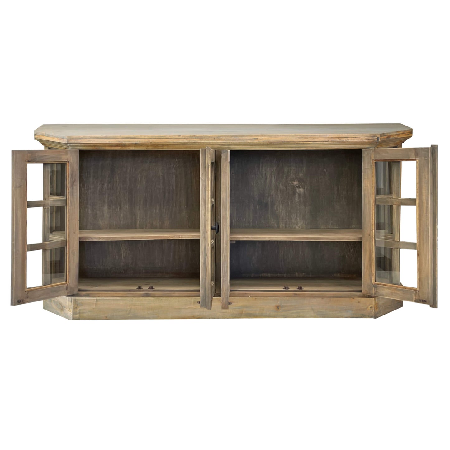 Sunset Trading Cottage 77" Window Pane Glass Door Display Credenza | Driftwood Brown Solid Wood | Dining Buffet Entryway Cabinet | Fully Assembled Sideboard CC-CAB924S-DW