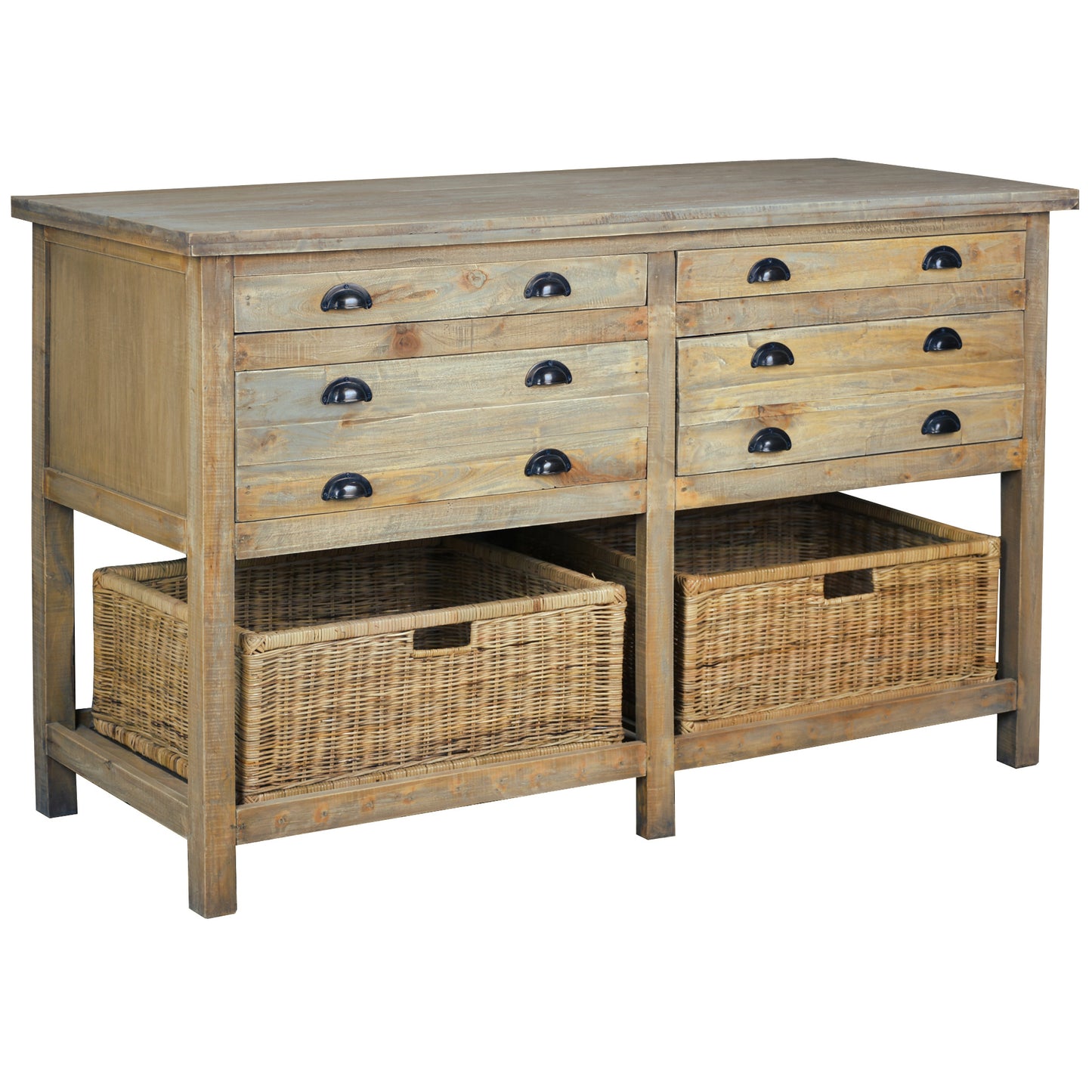 Sunset Trading Cottage 61" Double Bay Sideboard | Shelves Rattan Baskets Drawers | Driftwood Brown Solid Wood | Fully Assembled Console Table CC-TAB228S-DW