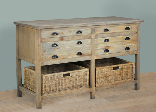 Sunset Trading Cottage 61" Double Bay Sideboard | Shelves Rattan Baskets Drawers | Driftwood Brown Solid Wood | Fully Assembled Console Table CC-TAB228S-DW