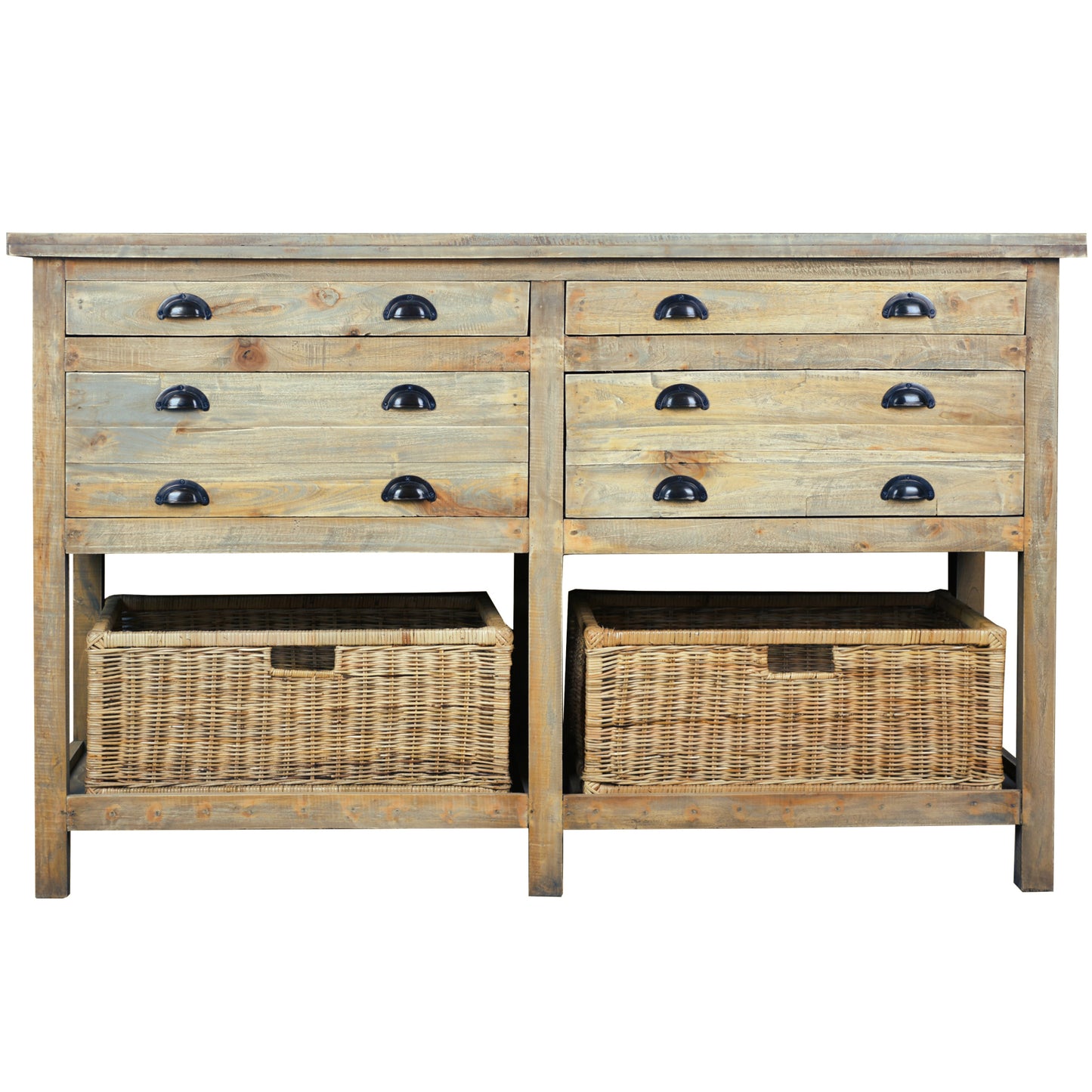 Sunset Trading Cottage 61" Double Bay Sideboard | Shelves Rattan Baskets Drawers | Driftwood Brown Solid Wood | Fully Assembled Console Table CC-TAB228S-DW