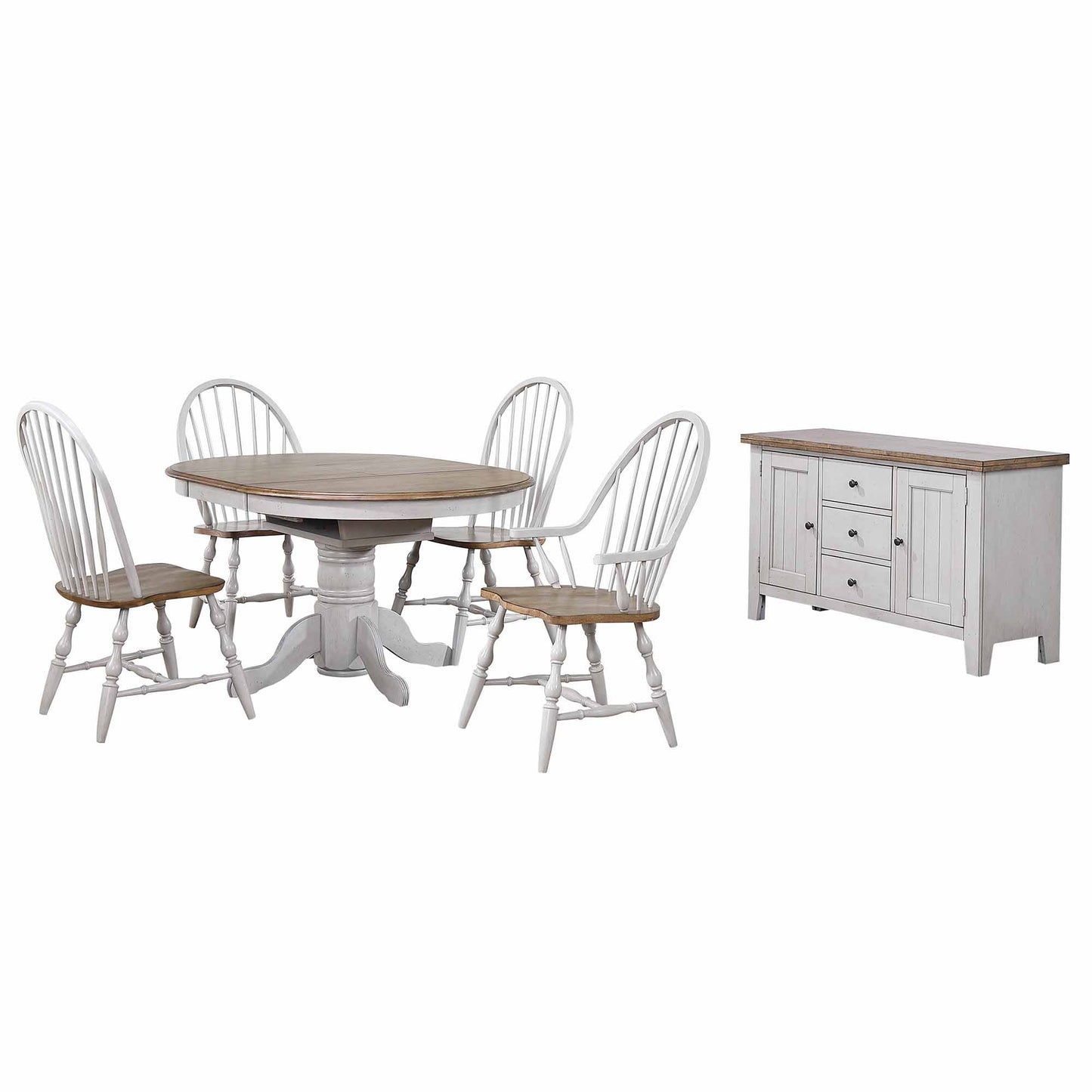 Sunset Trading Country Grove 42" Round to 60" Oval Extendable Dining Table Set | 2 Arm Chairs | Buffet | Distressed Gray and Brown Wood | Seats 6 DLU-CG4260-30AGOB6