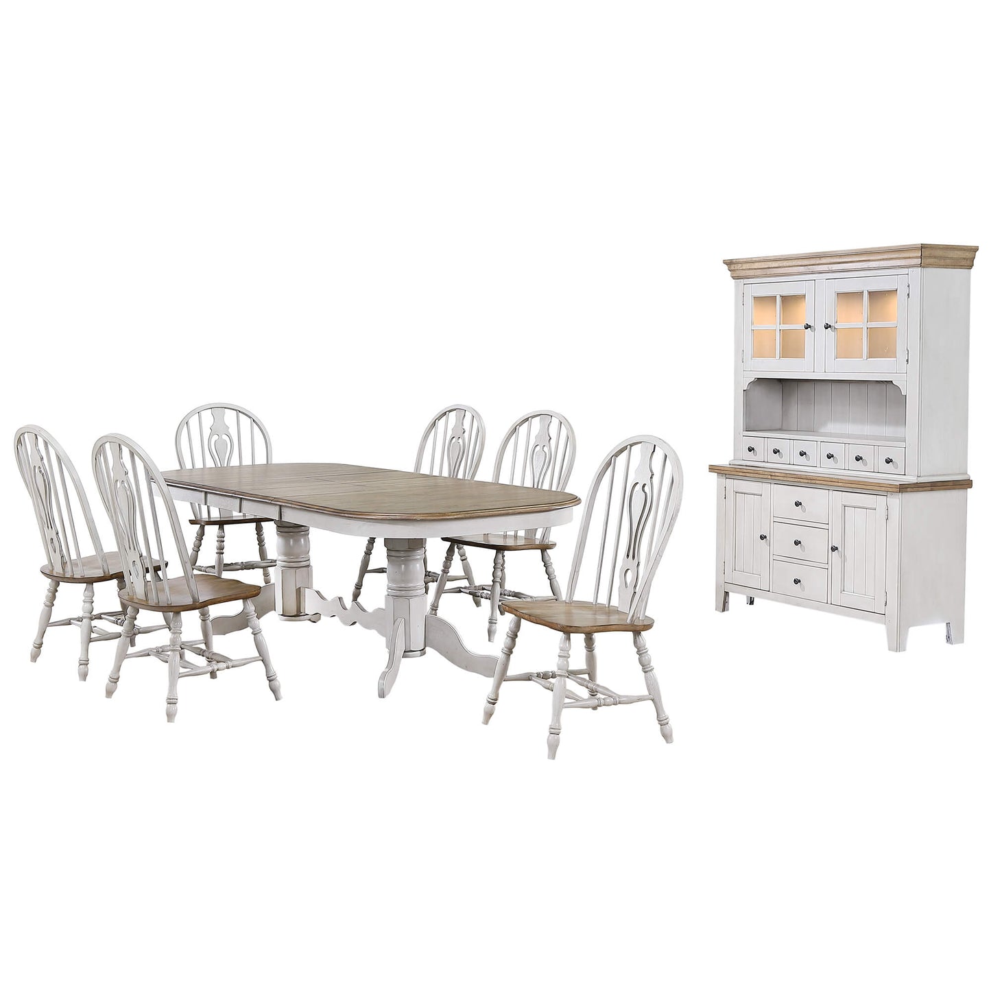 Sunset Trading Country Grove 8 Piece 96" Oval Double Pedestal Extendable Dining Table Set | Lighted China Cabinet | Distressed Gray and Brown Wood | Seats 10 DLU-CG4296-124SGOBH8