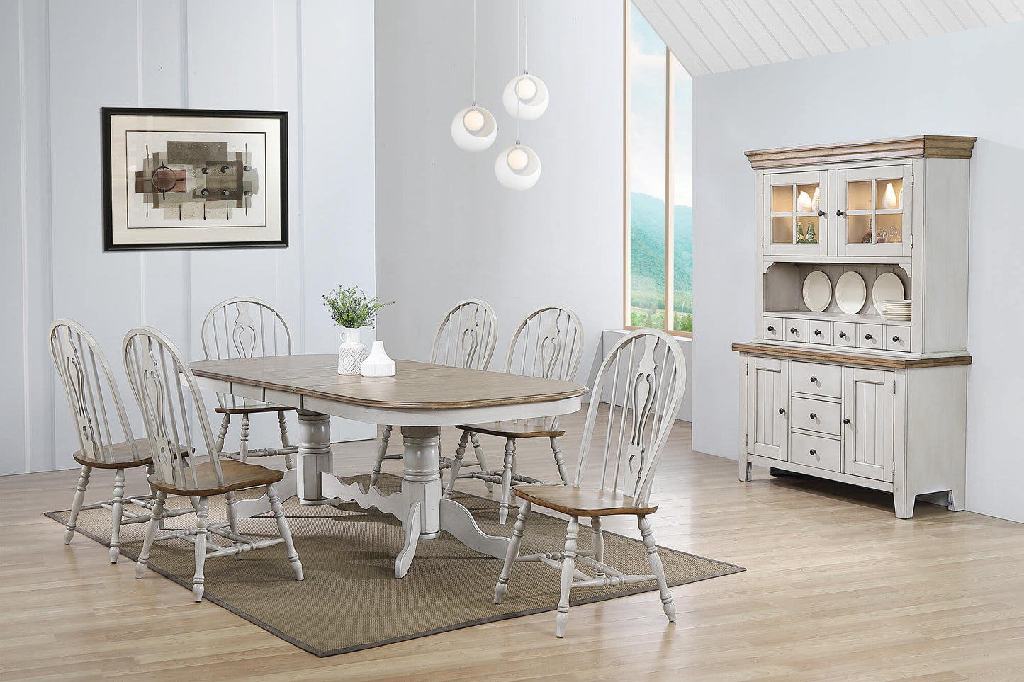 Sunset Trading Country Grove 8 Piece 96" Oval Double Pedestal Extendable Dining Table Set | Lighted China Cabinet | Distressed Gray and Brown Wood | Seats 10 DLU-CG4296-124SGOBH8