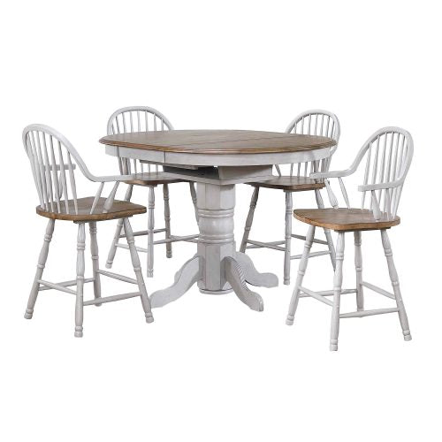 Sunset Trading Country Grove 5 Piece 42" Round to 60" Oval Extendable Pub Table Set | 4 Barstools with Arms | Counter Height Dining | Distressed Gray and Brown Wood | Seats 6 DLU-CG4260CB30AGO5