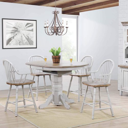 Sunset Trading Country Grove 5 Piece 42" Round to 60" Oval Extendable Pub Table Set | 4 Barstools with Arms | Counter Height Dining | Distressed Gray and Brown Wood | Seats 6 DLU-CG4260CB30AGO5