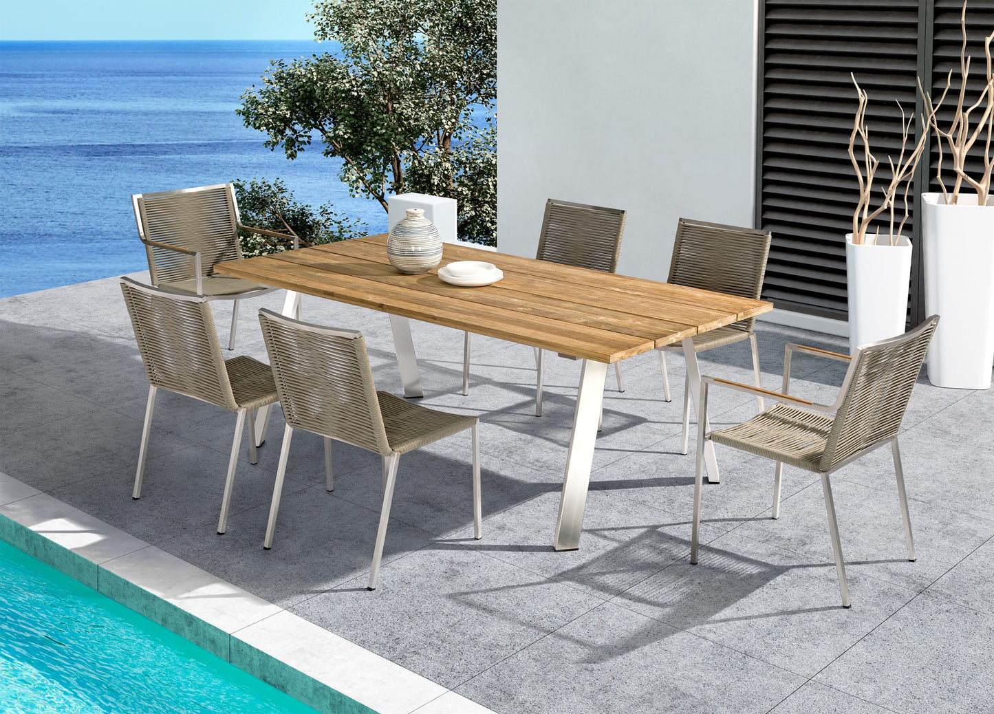 Whiteline Rhea Outdoor Dining Table, Recycling Teak Wood Slats Top, Brushed Stainless Steel Legs DT1834-WLT - GOLD STAR Dining