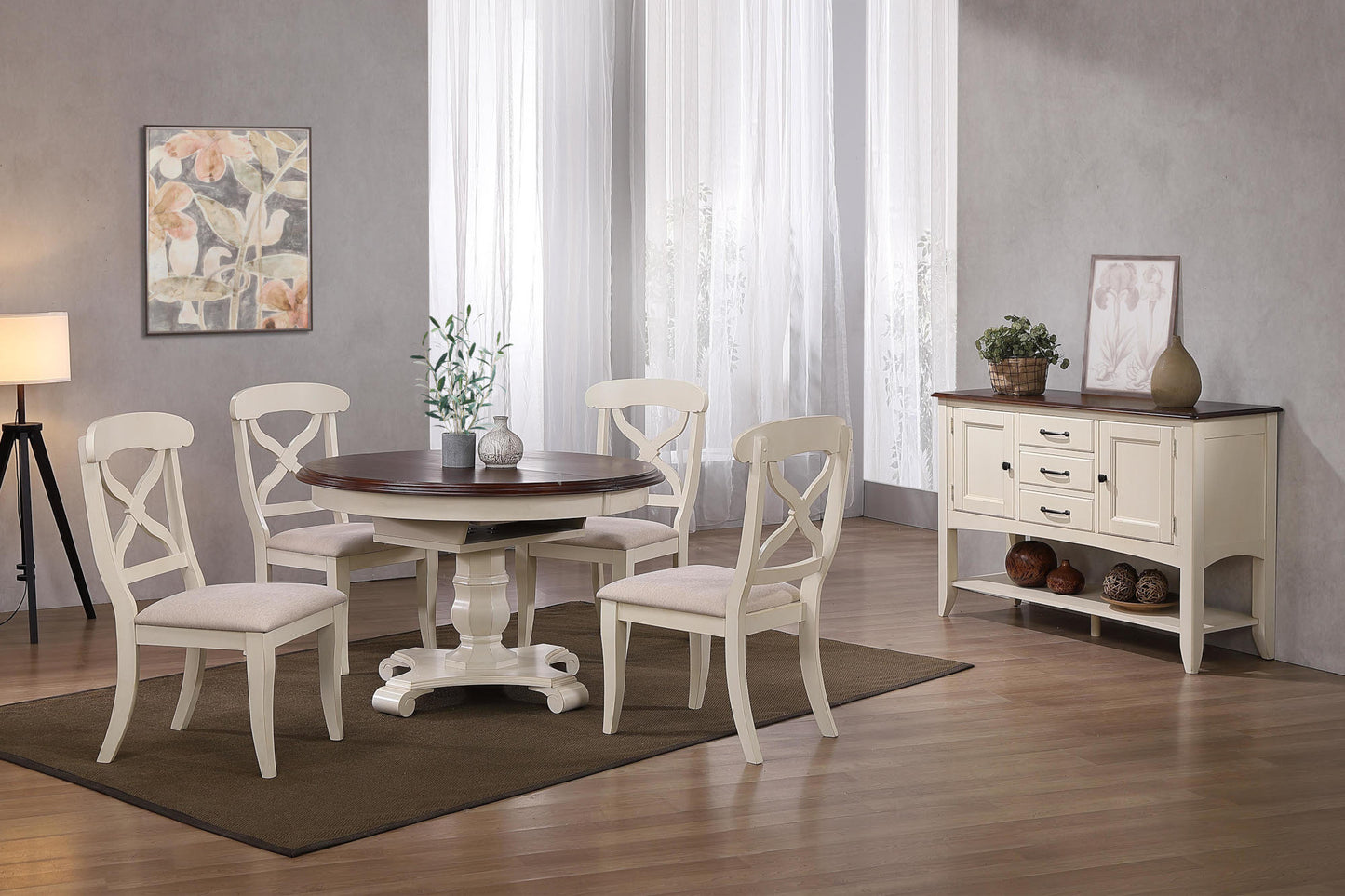 Sunset Trading Andrews 6 Piece 48" Round or 66" Oval Extendable Dining Set | Butterfly Leaf Table | Sideboard with Large Display Shelf 3 Drawers 2 Storage Cabinets | Antique White and Chestnut Brown | Seats 6 DLU-ADW4866-C12-SBAW6P