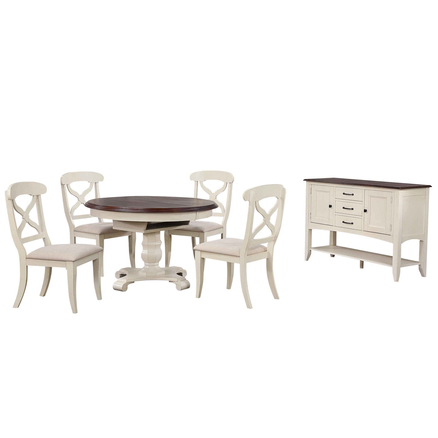 Sunset Trading Andrews 6 Piece 48" Round or 66" Oval Extendable Dining Set | Butterfly Leaf Table | Sideboard with Large Display Shelf 3 Drawers 2 Storage Cabinets | Antique White and Chestnut Brown | Seats 6 DLU-ADW4866-C12-SBAW6P