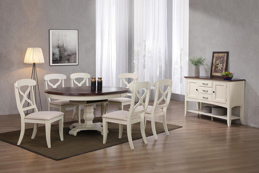 Sunset Trading Andrews 8 Piece 48" Round or 66" Oval Extendable Dining Set | Butterfly Leaf Table | Sideboard with Large Display Shelf 3 Drawers 2 Storage Cabinets | Antique White and Chestnut Brown | Seats 6 DLU-ADW4866-C12-SBAW8P