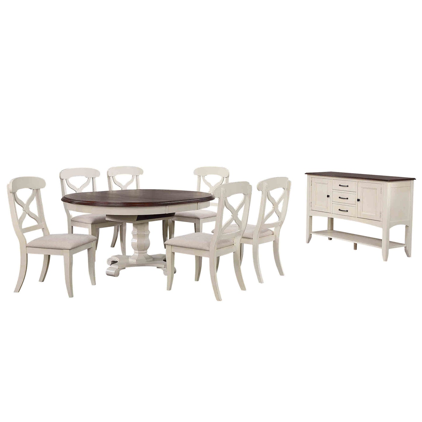 Sunset Trading Andrews 8 Piece 48" Round or 66" Oval Extendable Dining Set | Butterfly Leaf Table | Sideboard with Large Display Shelf 3 Drawers 2 Storage Cabinets | Antique White and Chestnut Brown | Seats 6 DLU-ADW4866-C12-SBAW8P