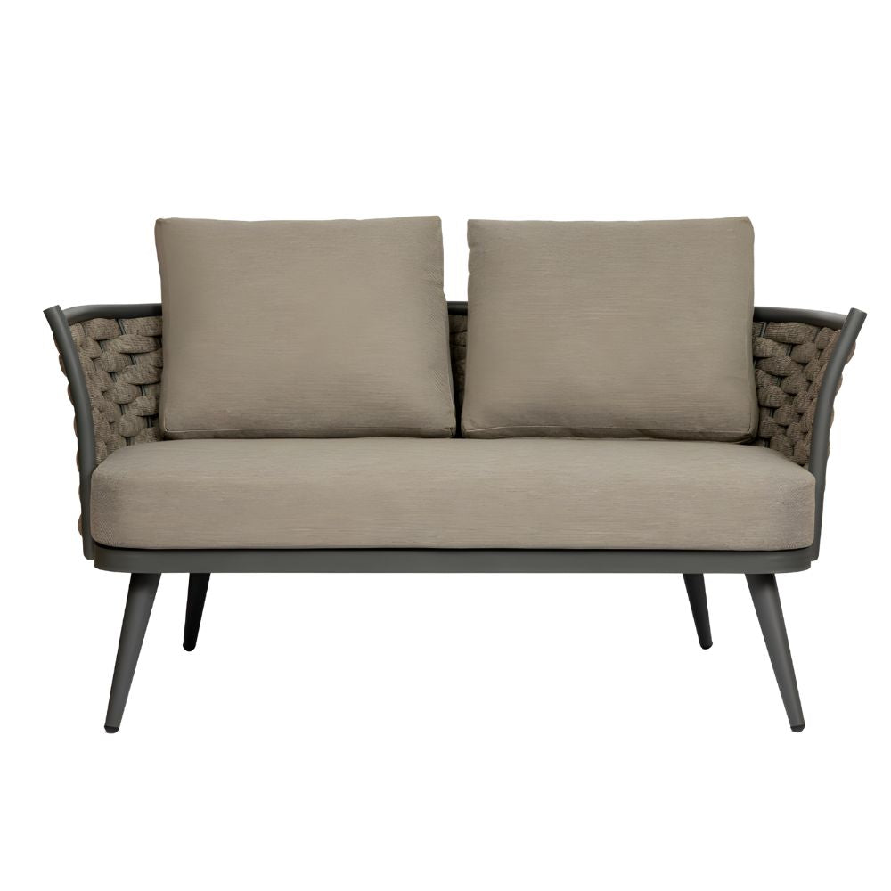 56" Dark Gray Aluminum Outdoor Love Seat with Taupe Cushions