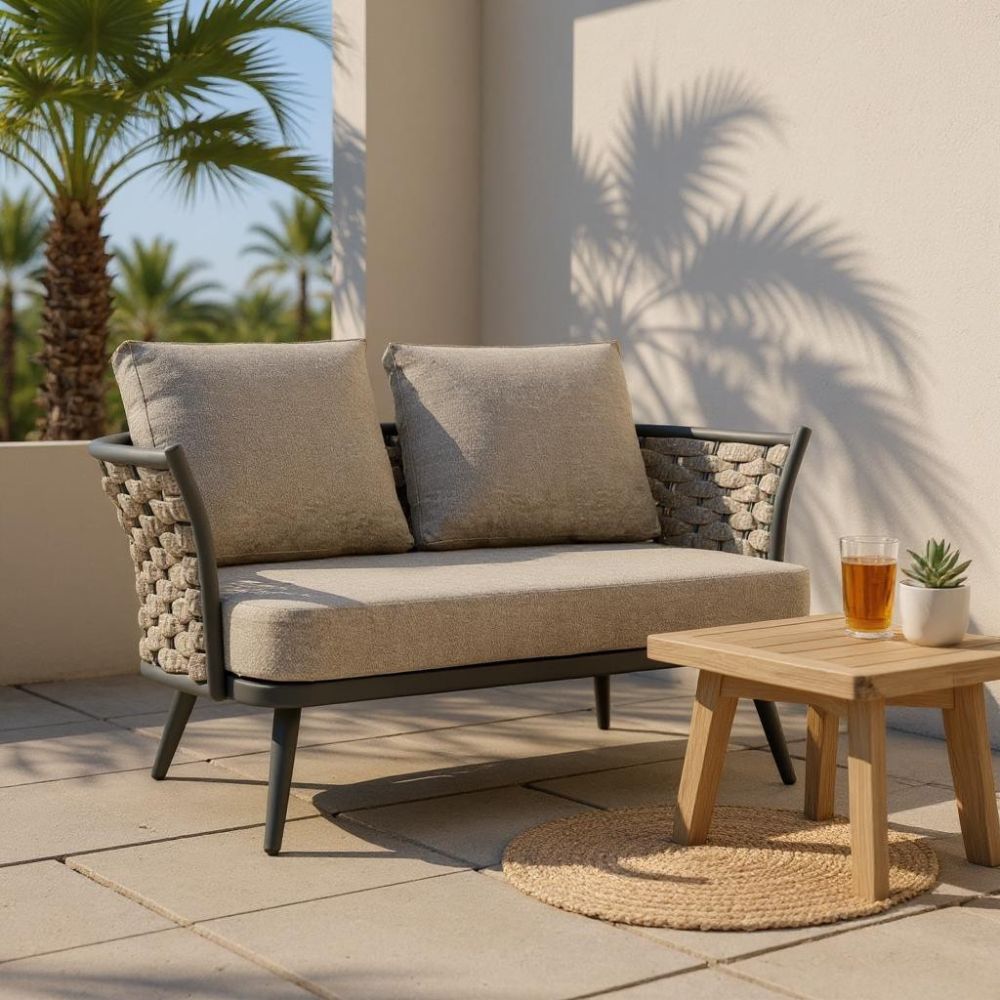 56" Dark Gray Aluminum Outdoor Love Seat with Taupe Cushions