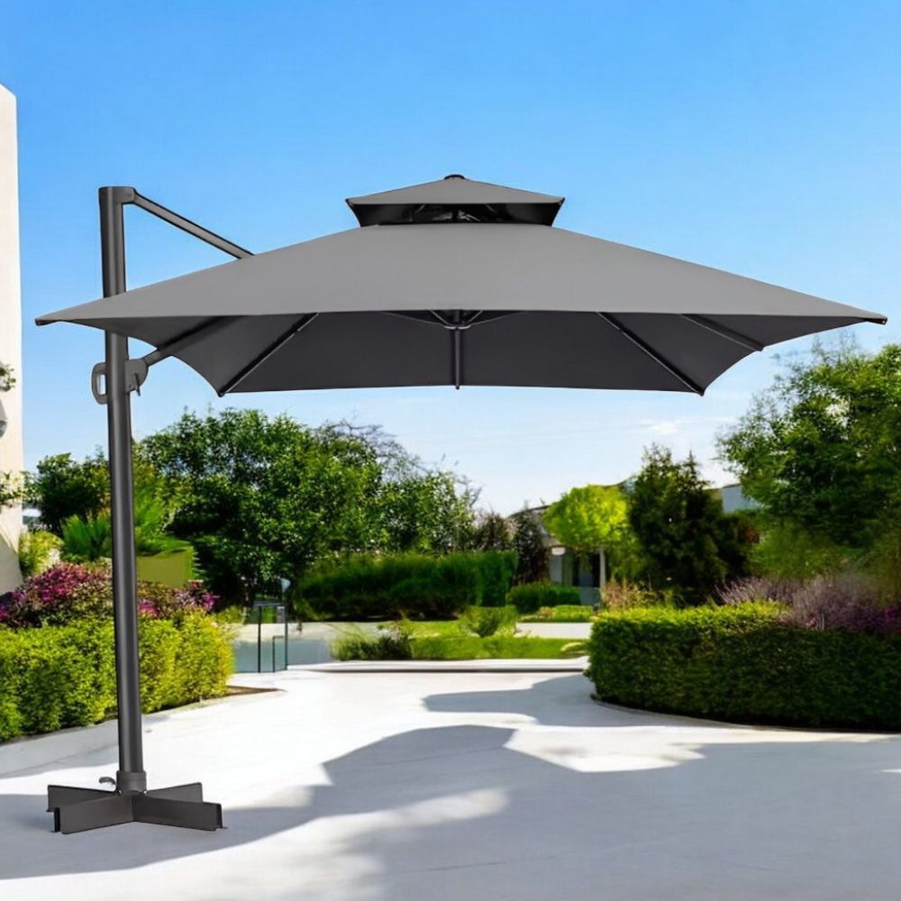 113" Dark Gray Polyester Rectangular Tilt Cantilever Patio Umbrella With Stand