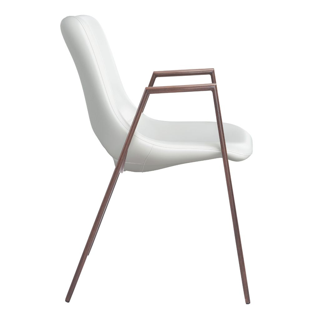 DesiFauxLeatherWhite_Walnut_SteelFrameSetof2DiningChairs-sideright, goldstardining.com