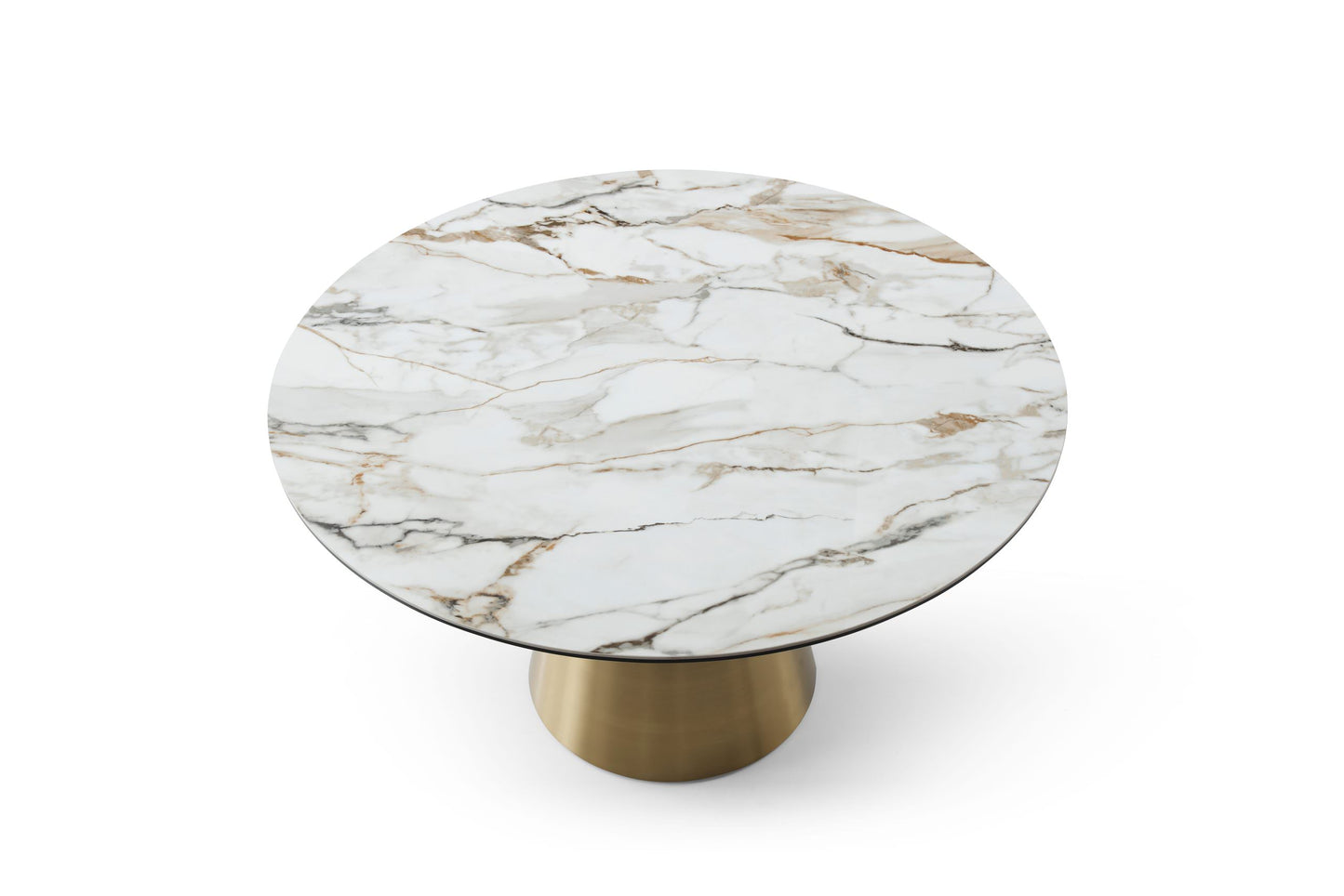 Whiteline Charlotte Round Dining Table, 8mm Glass+ 6mm Ceramic White Top, Gold Stainless Steel Base DT1831-WHT - GOLD STAR Dining