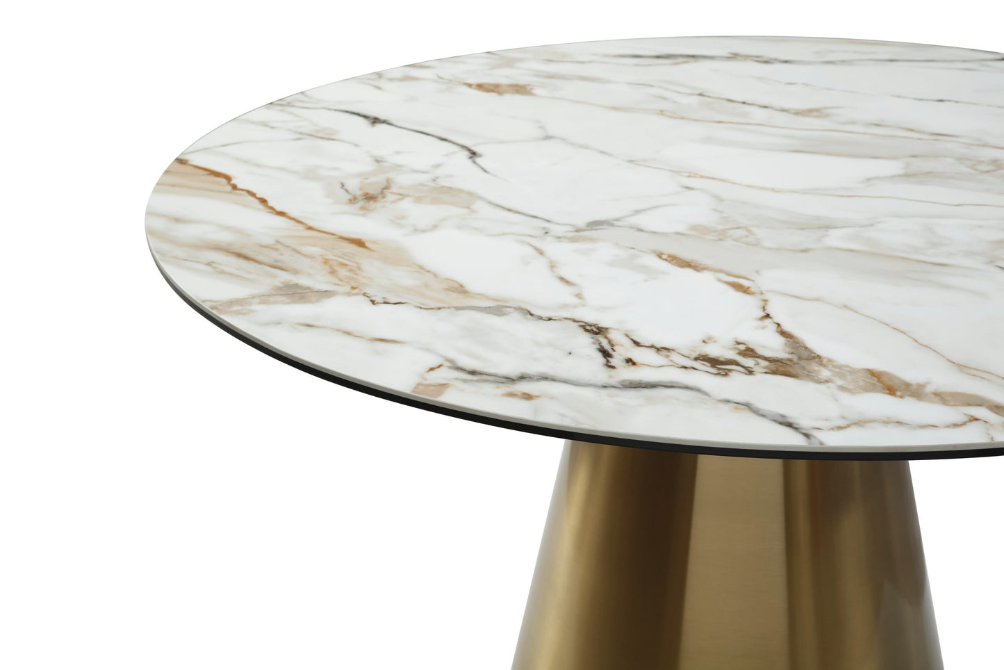 Whiteline Charlotte Round Dining Table, 8mm Glass+ 6mm Ceramic White Top, Gold Stainless Steel Base DT1831-WHT - GOLD STAR Dining