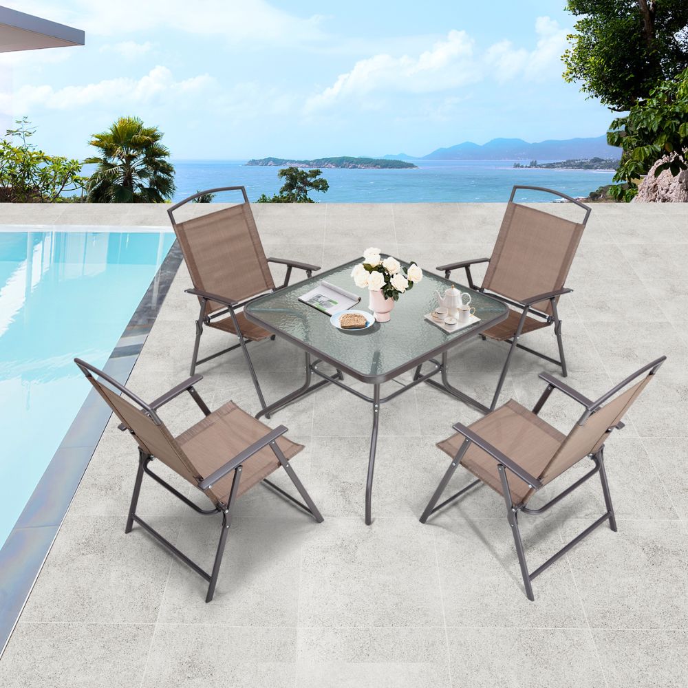 Five Piece Clear and Brown Square Glass Dining Set with Four Chairs