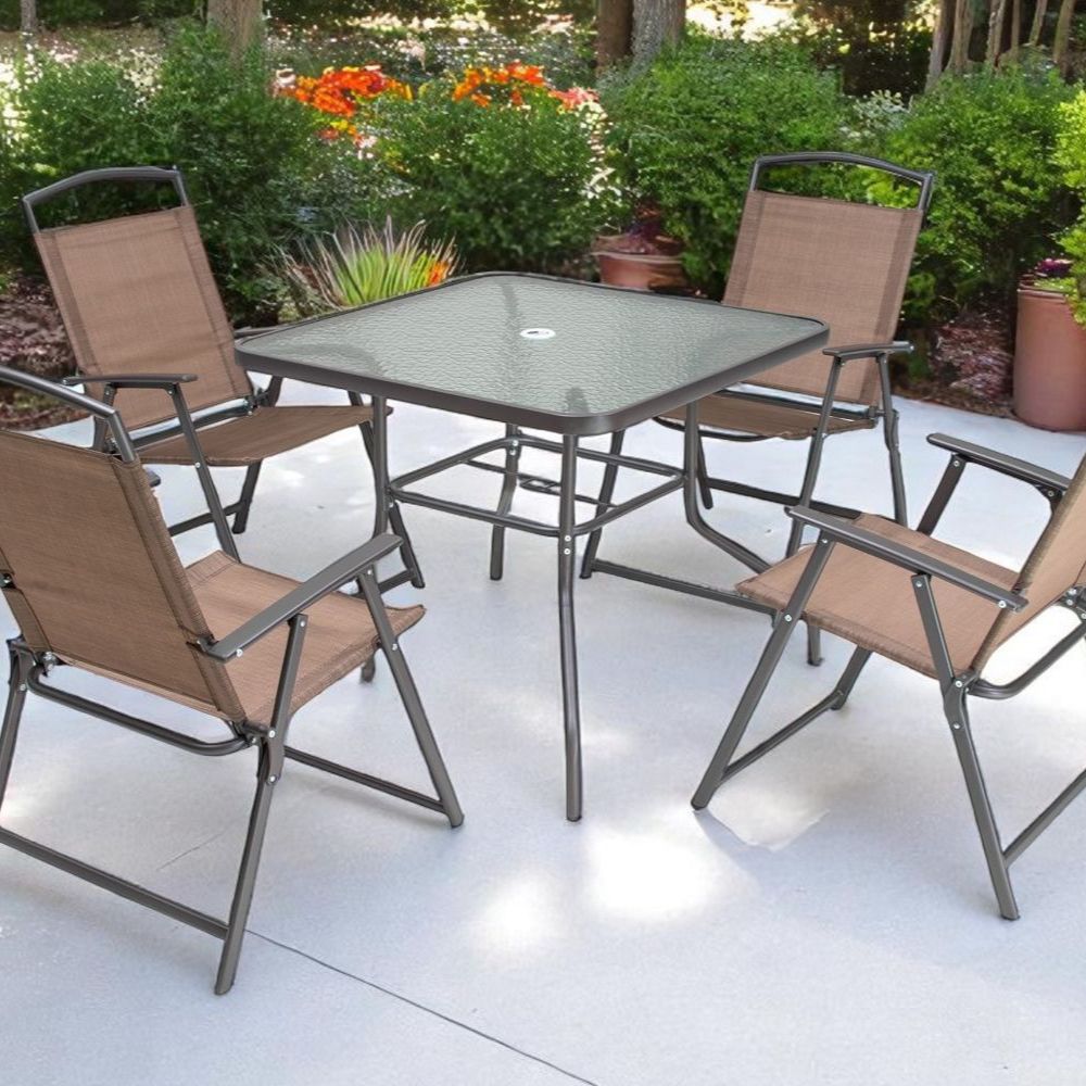 Five Piece Clear and Brown Square Glass Dining Set with Four Chairs