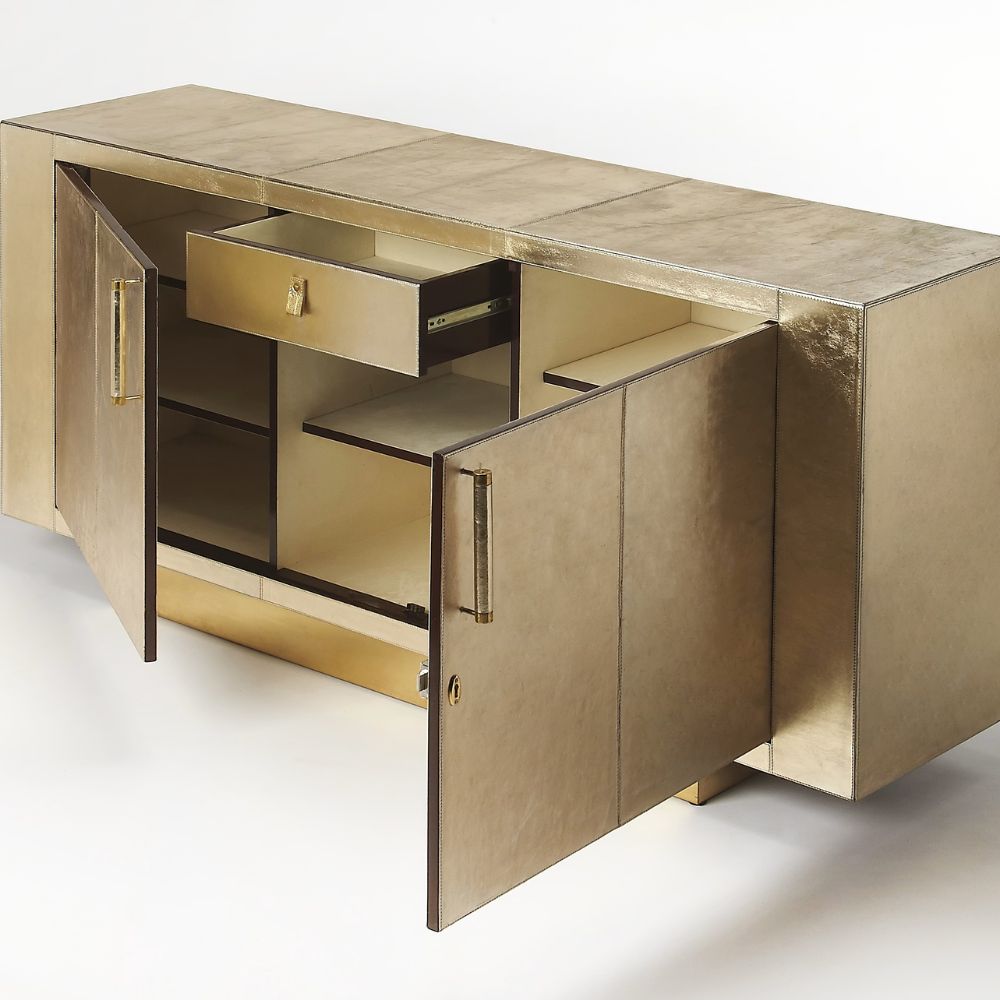 opened Francois Gold Leather Buffet Sideboard, goldstardining.com