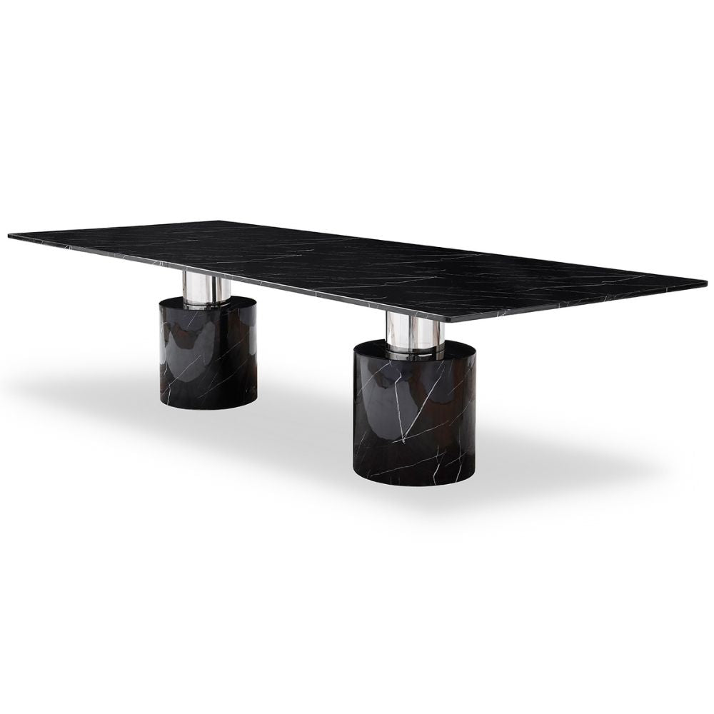 black inclined Geneva Marble Glossy Black/White Top Dining Table, goldstardining.com